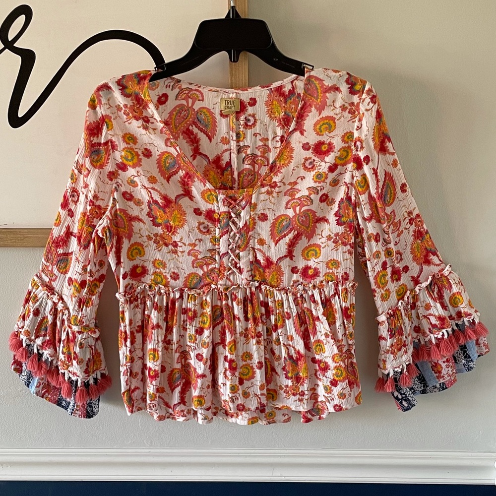 True Craft Boho hippie Floral Crop Blouse Small